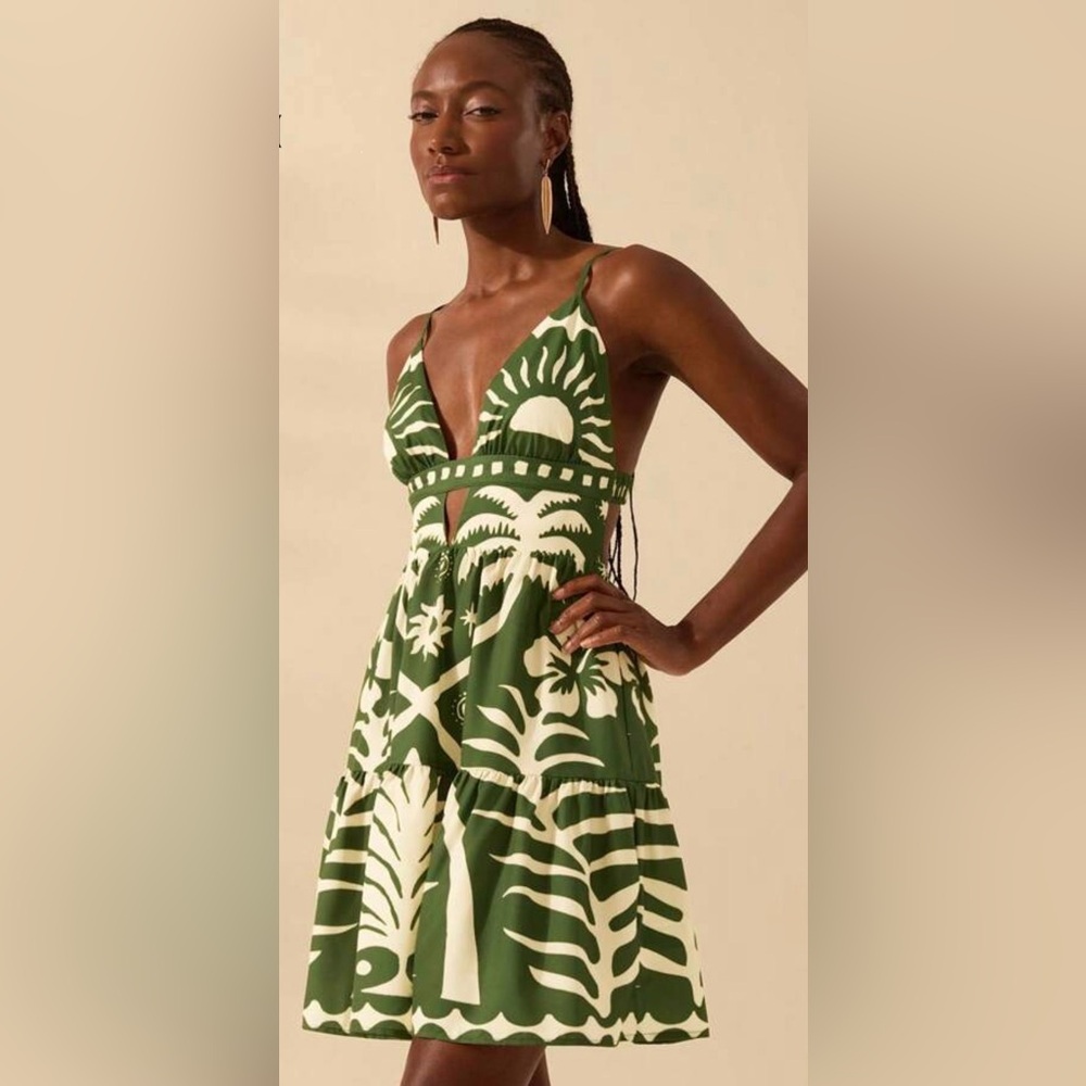 New backless fit flare green palm leaf cutout sundress dress M